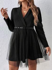 Celure Plus Lapel Neck Mesh Overlay Dress Without Belt - Black - View 5