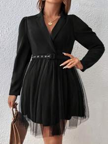 Celure Plus Lapel Neck Mesh Overlay Dress Without Belt - Black - View 6