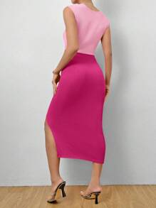 SHEIN Privé 雙色鏤空高衩洋裝 - 玫紅色 - 查看 2