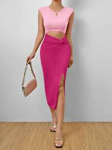 SHEIN Privé 雙色鏤空高衩洋裝 - 玫紅色 - 查看 3