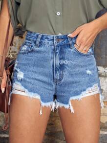 SHEIN Essnce Ripped Raw Hem Denim Shorts - Light Wash - View 3