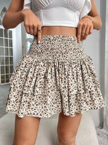 SHEIN VCAY Váy nữ Viên lá sen phân lớp Dải chun Họa tiết hoa Boho - Màu be - Xem 1