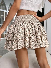 SHEIN VCAY Váy nữ Viên lá sen phân lớp Dải chun Họa tiết hoa Boho - Màu be - Xem 2