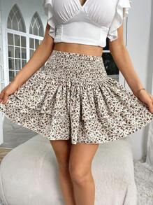 SHEIN VCAY Váy nữ Viên lá sen phân lớp Dải chun Họa tiết hoa Boho - Màu be - Xem 3