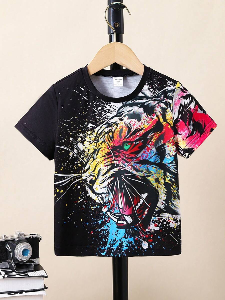 SHEIN Toddler Boys Splash Ink & Tiger Print Tee - Black - View 1