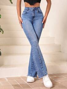 SHEIN Essnce High Waist Raw Hem Flare Leg Jeans - Light Wash - View 2