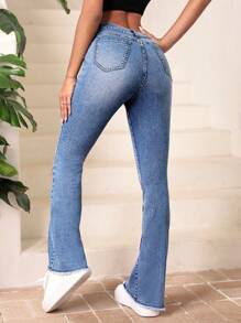 SHEIN Essnce High Waist Raw Hem Flare Leg Jeans - Light Wash - View 3