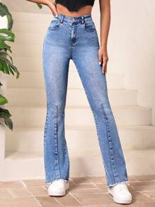 SHEIN Essnce High Waist Raw Hem Flare Leg Jeans - Light Wash - View 4