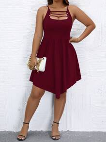 Calvaya Plus Cut Out Front Cami Dress Burgundy Color Women Outfit - Burgundy - View 6