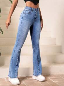 SHEIN Essnce High Waist Raw Hem Flare Leg Jeans - Light Wash - View 5