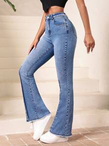 SHEIN Essnce High Waist Raw Hem Flare Leg Jeans - Light Wash - View 1