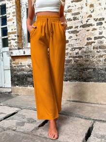 SHEIN VCAY Quần nữ Túi Dải chun Thắt nút màu trơn Giải trí - Màu vàng - Xem 5