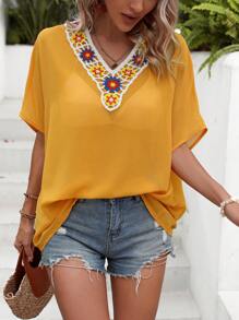 SHEIN LUNE Contrast Crochet Batwing Sleeve Blouse - Mustard Yellow - View 1
