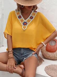 SHEIN LUNE Contrast Crochet Batwing Sleeve Blouse - Mustard Yellow - View 3