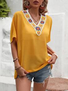 SHEIN LUNE Contrast Crochet Batwing Sleeve Blouse - Mustard Yellow - View 4