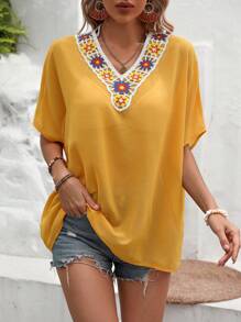 SHEIN LUNE Contrast Crochet Batwing Sleeve Blouse - Mustard Yellow - View 5