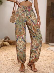 Breezaya 佩斯利印花腰部打褶長褲 - 彩色 - 查看 4