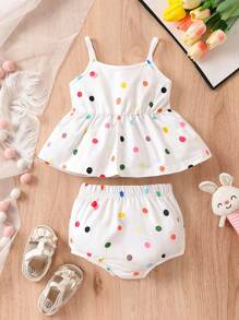 SHEIN Đứa bé gái In vết tròn Polka Áo Peplum Cami & Quần short - trắng - Xem 1