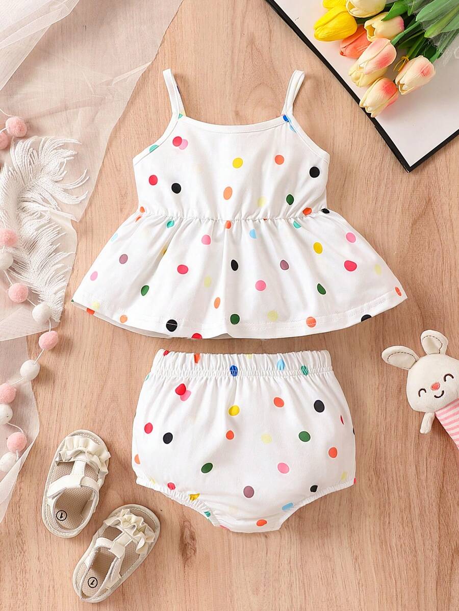 SHEIN Đứa bé gái In vết tròn Polka Áo Peplum Cami & Quần short - trắng - Xem 1