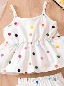SHEIN Đứa bé gái In vết tròn Polka Áo Peplum Cami & Quần short - trắng - Xem 3