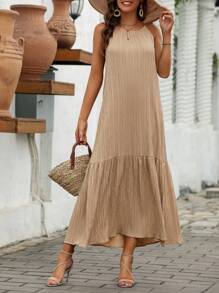 SHEIN LUNE Đầm Viên lá sen Buộc lại màu trơn Giải trí - Màu Khaki - Xem 1