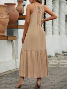 SHEIN LUNE Đầm Viên lá sen Buộc lại màu trơn Giải trí - Màu Khaki - Xem 2