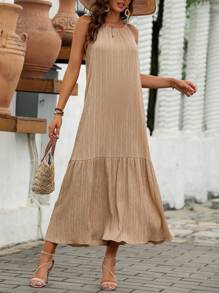 SHEIN LUNE Đầm Viên lá sen Buộc lại màu trơn Giải trí - Màu Khaki - Xem 3