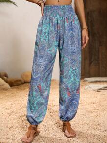 EMERY ROSE Paisley Print Shirred Waist Pants - Blue - View 1