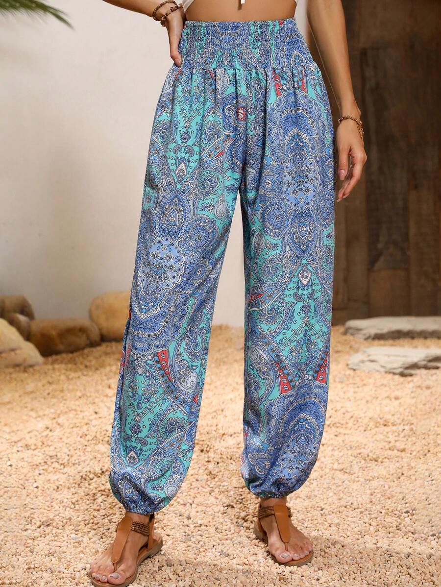 EMERY ROSE Paisley Print Shirred Waist Pants - Blue - View 1