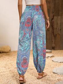 EMERY ROSE Paisley Print Shirred Waist Pants - Blue - View 2