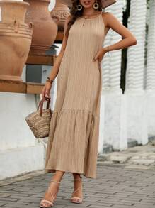 SHEIN LUNE Đầm Viên lá sen Buộc lại màu trơn Giải trí - Màu Khaki - Xem 6