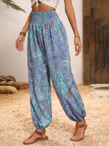 EMERY ROSE Paisley Print Shirred Waist Pants - Blue - View 3