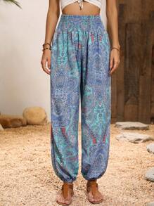 EMERY ROSE Paisley Print Shirred Waist Pants - Blue - View 4