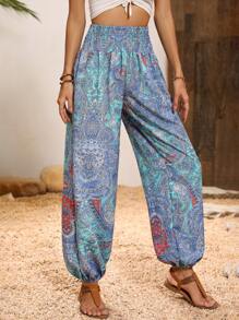 EMERY ROSE Paisley Print Shirred Waist Pants - Blue - View 5