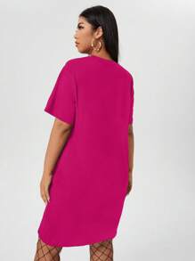 Flirla Đầm Plus Size Lá thư Giải trí - Màu Hồng Tươi - Xem 2