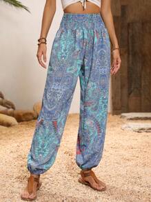 EMERY ROSE Paisley Print Shirred Waist Pants - Blue - View 6