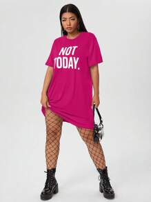 Flirla Đầm Plus Size Lá thư Giải trí - Màu Hồng Tươi - Xem 3