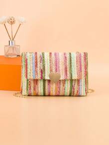女士肩带编织方形链条包，春夏休闲沙滩包，颜色鲜艳，容量大 - 彩色 - 查看 1