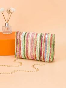 女士肩带编织方形链条包，春夏休闲沙滩包，颜色鲜艳，容量大 - 彩色 - 查看 2