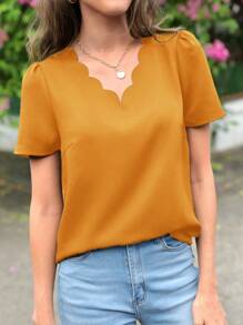 SHEIN Clasi Scallop Trim Puff Sleeve Blouse - Mustard Yellow - View 5