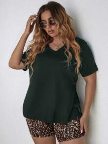 SHEIN LUNE 大碼素色T恤和豹紋印花短褲 - 墨綠色 - 查看 1