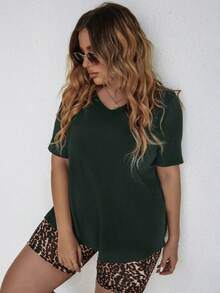 SHEIN LUNE 大碼素色T恤和豹紋印花短褲 - 墨綠色 - 查看 3