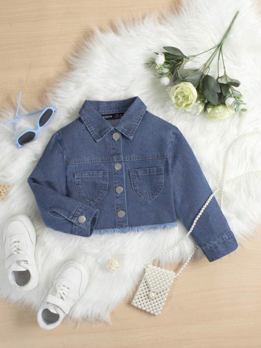 小女童補丁貼口袋毛邊短款牛仔襯衫 - 深色水洗藍 - 查看 1