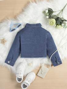 小女童補丁貼口袋毛邊短款牛仔襯衫 - 深色水洗藍 - 查看 2