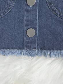 小女童補丁貼口袋毛邊短款牛仔襯衫 - 深色水洗藍 - 查看 4