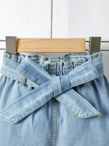 SHEIN Explorewe 年輕女孩紙袋腰帶寬腿牛仔褲 - 淺色水洗藍 - 查看 5