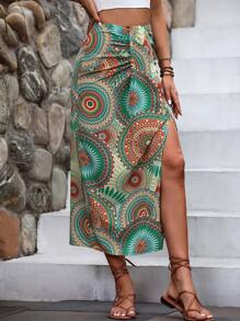 Breezaya Falda con estampado de mándala fruncido de muslo con abertura - Multicolor - Ver 4