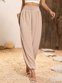SHEIN LUNE Solid Ruched Waist Trousers - Apricot - View 1