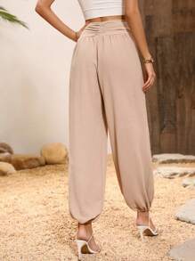 SHEIN LUNE Solid Ruched Waist Trousers - Apricot - View 2