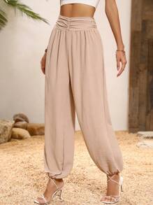SHEIN LUNE Solid Ruched Waist Trousers - Apricot - View 6